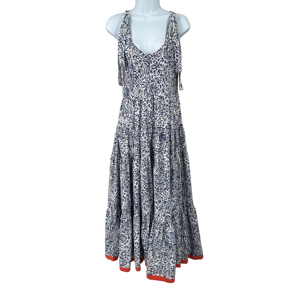 THML Maxi Dress Women S Blue White Paisley Floral Boho Tiered Flowy Cottagecore